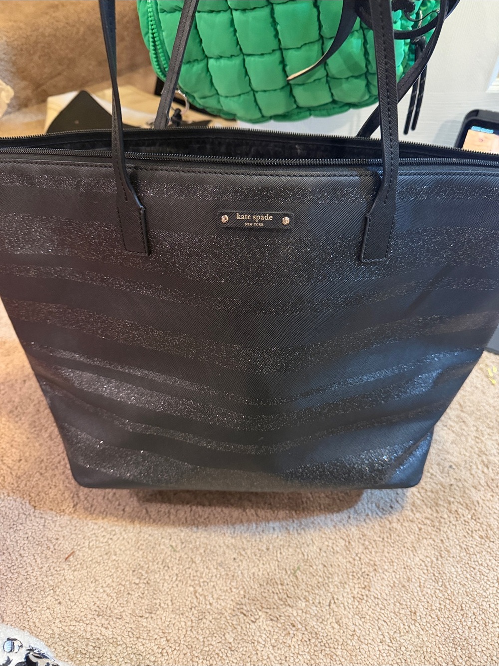 kate spade black glitter stripe tote